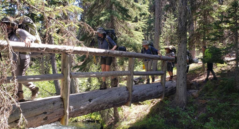 a group of teens wearing backpacks hike over a bridge over water amid a wooded area.